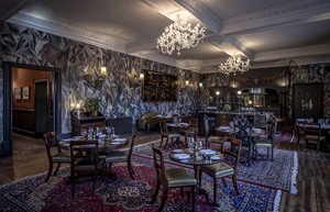 The Fife Arms Braemar The Clunie Dining Room 01 with walls painted by Guillermo Kuitca Untitled 2018 photo credit Sim Canetty Clarke